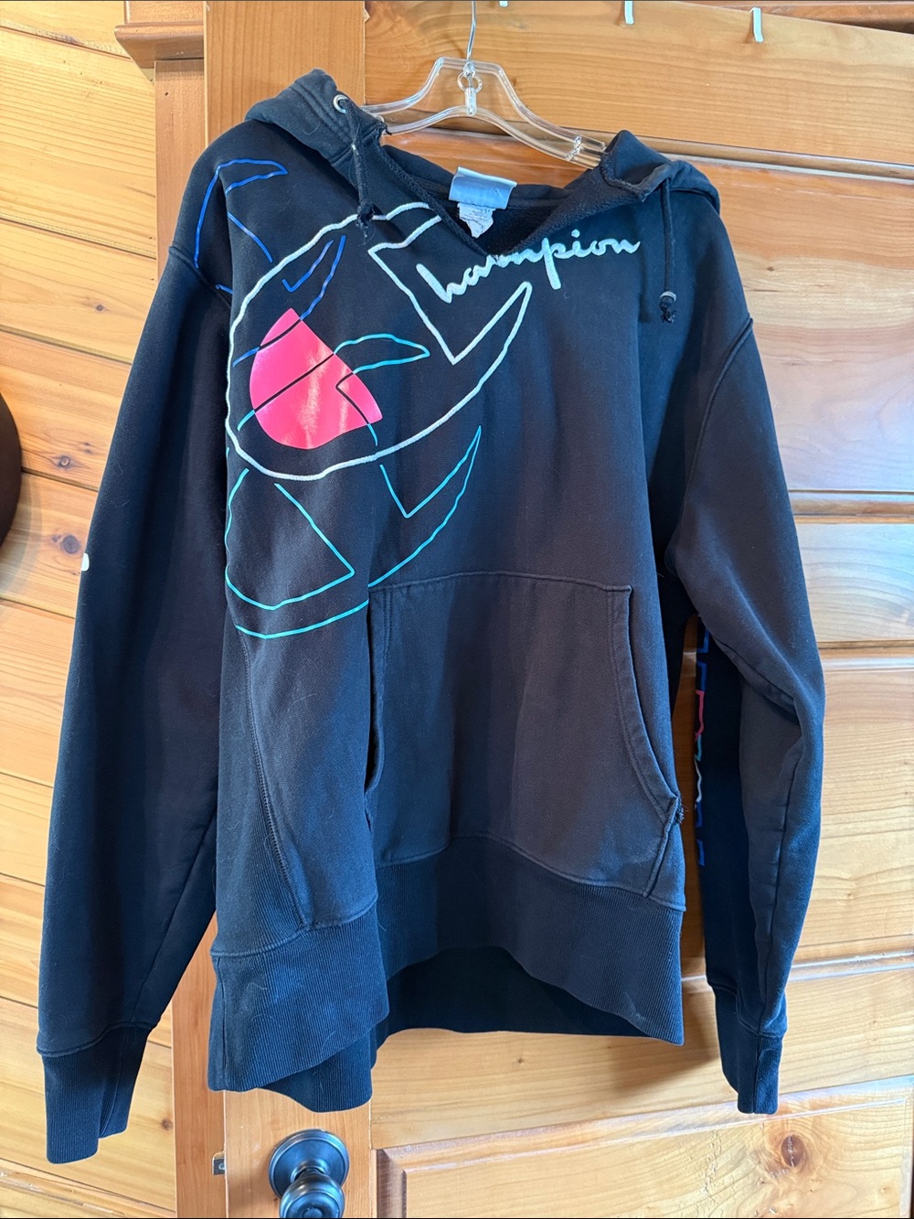Champion Black Hoodie with Teal & Pink Logo Accents